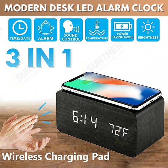 3 in 1 Qi Wireless Charger & LED Digital Alarm Clock & Thermometer Modern Wooden