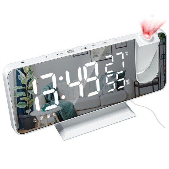 LED Mirror Alarm Clock Big Screen Temperature and Humidity Display with Radio and Time Projection Function Electronic Clock Rechargeable