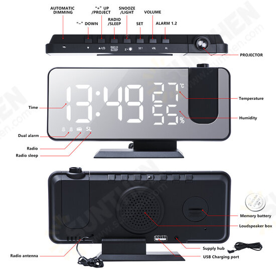 LED Mirror Alarm Clock Big Screen Temperature and Humidity Display with Radio and Time Projection Function Electronic Clock Rechargeable