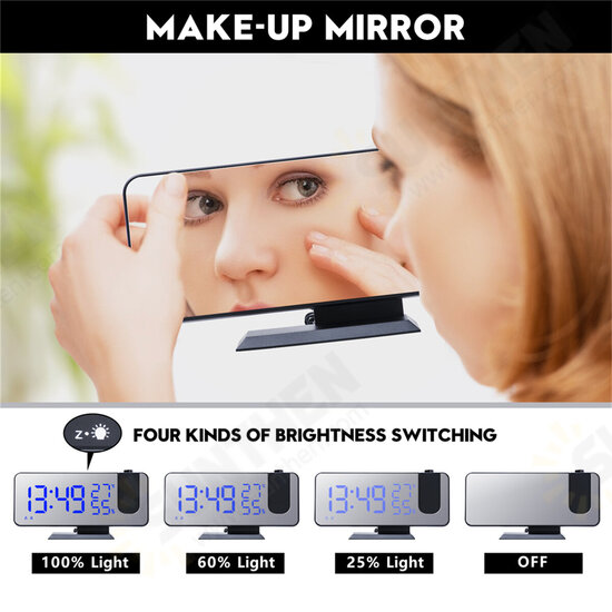 LED Mirror Alarm Clock Big Screen Temperature and Humidity Display with Radio and Time Projection Function Electronic Clock Rechargeable