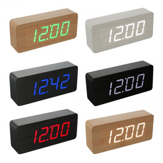 Multifunctional Wooden Digital Clock Two Modes Default Display Time Built-in Battery Voice Control Switch on/off
