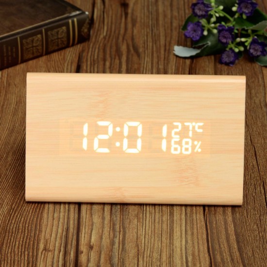 Voice-activated Triangle Alarm Clock Humidity Temperature Sensing Wooden Desk Clock LED Digital Display Alarm Clock