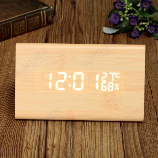 Voice-activated Triangle Alarm Clock Humidity Temperature Sensing Wooden Desk Clock LED Digital Display Alarm Clock