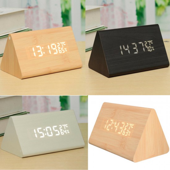 Voice-activated Triangle Alarm Clock Humidity Temperature Sensing Wooden Desk Clock LED Digital Display Alarm Clock