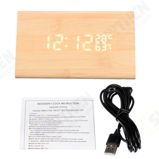 Voice-activated Triangle Alarm Clock Humidity Temperature Sensing Wooden Desk Clock LED Digital Display Alarm Clock