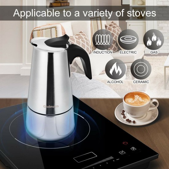 Godmorn Stovetop Espresso Maker Moka Pot 450ml/15oz/9 cup Classic Cafe Percolator Maker Stainless Steel Suitable for Induction Cookers