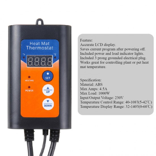 220V 8.3A 42-108°F Digital Thermostat Controller Plant/Reptile Pet Heat Lamp Thermostat 1000W LCD Display Controller Temperature