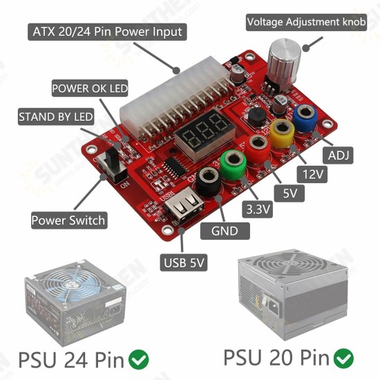 24 Pins ATX Power Supply Break0ut Board and Acrylic Case Kit with ADJ Adjustable Voltage Knob Reset Protection ATX Power Converter Board