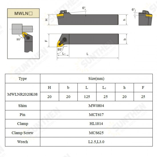 MWLNR2020K08 20 x125mm Index External Lathe Turning Tool Holder With 2pcs Wrench