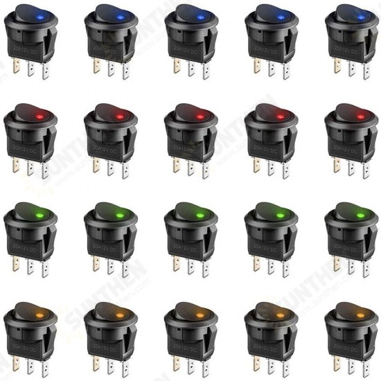 20PCS 3Pin 20A 12V Round Rocker Toggle Switch with LED Light Blue Yellow Red Green Light On-Off Control Switch