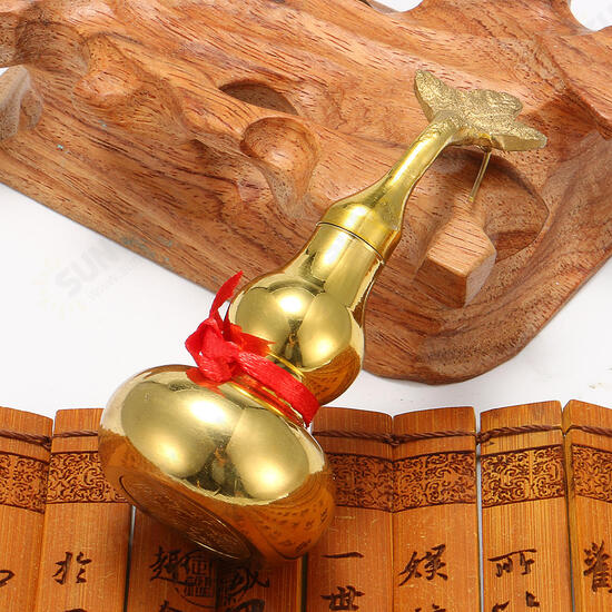 Gold Brass Feng Sui Gourd with Red Ribbon Good Luck Collection Decorations Gold Brass Feng Sui Gourd with Red Ribbon Good Luck Collection Decorations