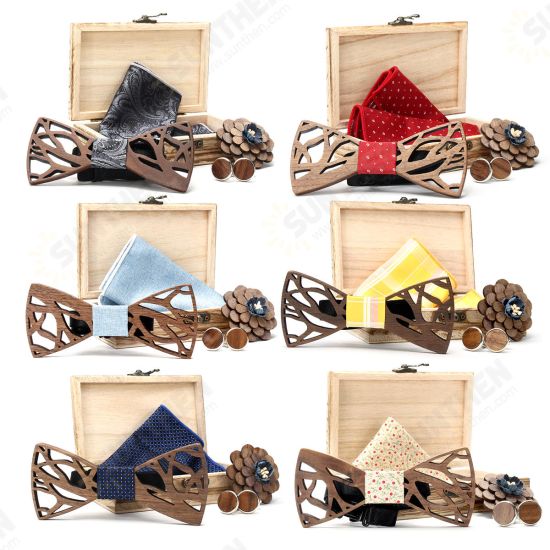 Handkerchief Cufflinks Set Wooden Bow Tie Bowknots for Wedding Pocket Square Hanky Cravat Decor Supplies