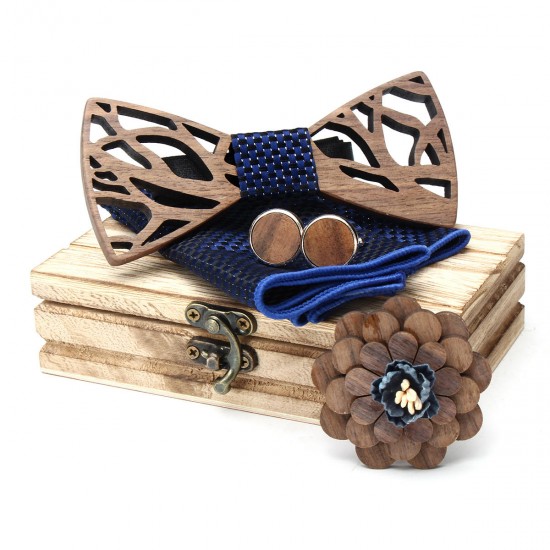 Handkerchief Cufflinks Set Wooden Bow Tie Bowknots for Wedding Pocket Square Hanky Cravat Decor Supplies