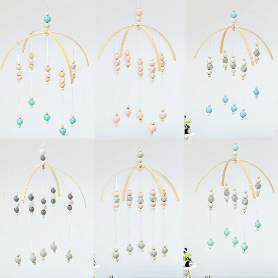 Wooden Beads Wind Chimes with Wool Balls Baby Bed Hanging Windbell Crib Tent Kids Room Decorations Ornaments