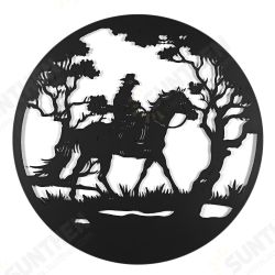 Man Riding Horse In Forest Round Black Metal Wall Hanging Art Decoration Room Man Riding Horse In Forest Round Black Metal Wall Hanging Art Decoration Room