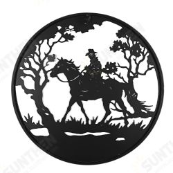 Man Riding Horse In Forest Round Black Metal Wall Hanging Art Decoration Room Man Riding Horse In Forest Round Black Metal Wall Hanging Art Decoration Room