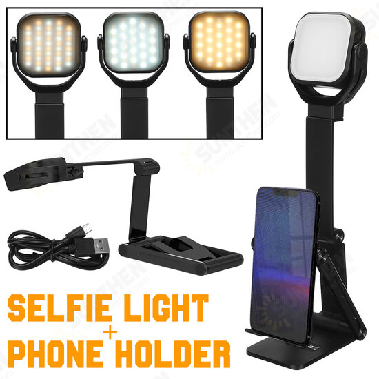 2-In-1 Foldable Multi-Angle Desktop Phone Holder Fill Light Stand Multiple Color Temperature Brightness Adjustable 1000mAh High Capacity Table Lamp