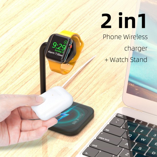 2-in-1 5W/7.5/10W Type-C Wireless Charger Dock Stand Built-In Metal Heat Sink for Apple iWatch Mobile Phone Airpods Pro