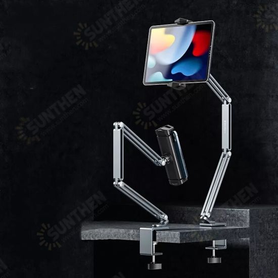 360° Rotation Long Arm Phone/Tablet Holder Three Shaft Multi Angle Adjustable Foldable Aluminum Alloy Bed Holder Online Learning LiveStream Stand