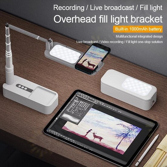 Mount Bracket with LED Ring Flash Light Lamp 1000mAh Portable Retractable Phone Holder Overhead shot Tripods Holder with Wireless Dimmable bluetooth Mount Bracket with LED Ring Flash Light Lamp 1000mAh Portable Retractable Phone Holder Overhead shot Tripods Holder with Wireless Dimmable bluetooth