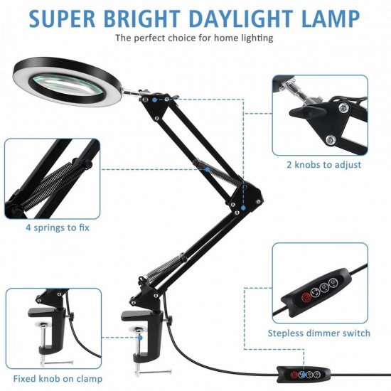 Flexible Arm 10X LED Magnifying Glass Stepless Dimmable 3 Color Light Modes Ring Fill Light with Desk Clip