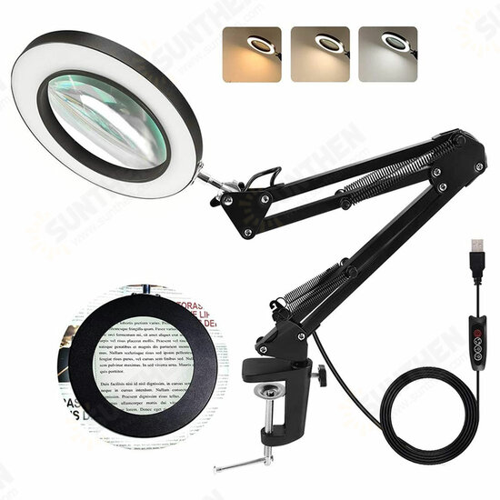 Flexible Arm 10X LED Magnifying Glass Stepless Dimmable 3 Color Light Modes Ring Fill Light with Desk Clip