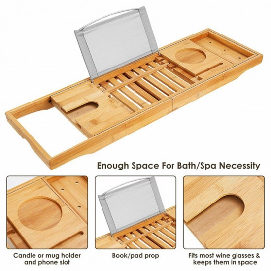 Luxury Adjustable Bathtub Rack Bamboo Caddy Shelf Shower Tub Tray Towel Mobile Phone Tablet Holder Support
