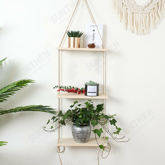 1/2/3 Layers Wall Hanging Rack Rope Wood Wall Mounted Plant Flower Pot Storage Shelf Home Office Wall Decorations