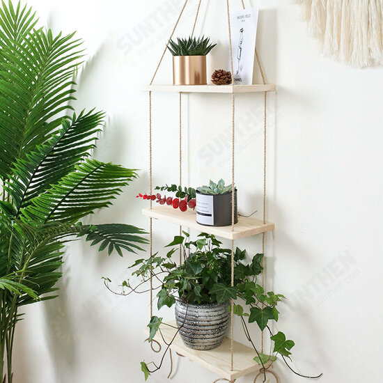 1/2/3 Layers Wall Hanging Rack Rope Wood Wall Mounted Plant Flower Pot Storage Shelf Home Office Wall Decorations