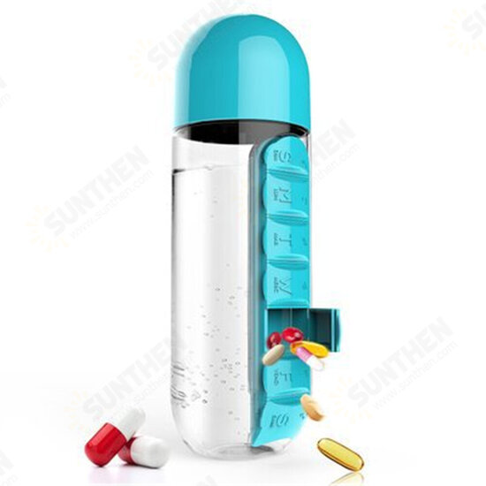 2 in 1 600ml Pill Box Cup Portable Large Capacity 7 Pill Box Outdoor Carrying Water Bottle With Pill Box Capsule Cup