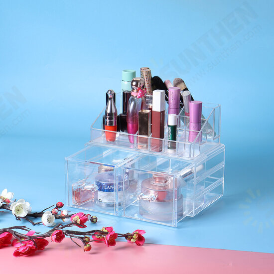 2 in 1 Jewerly Cosmetics Storage Box Makeup Combination Storage Organizer Box Transparent with Drawer Lipstick Powder Display Box