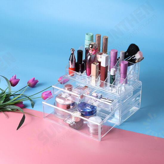 2 in 1 Jewerly Cosmetics Storage Box Makeup Combination Storage Organizer Box Transparent with Drawer Lipstick Powder Display Box