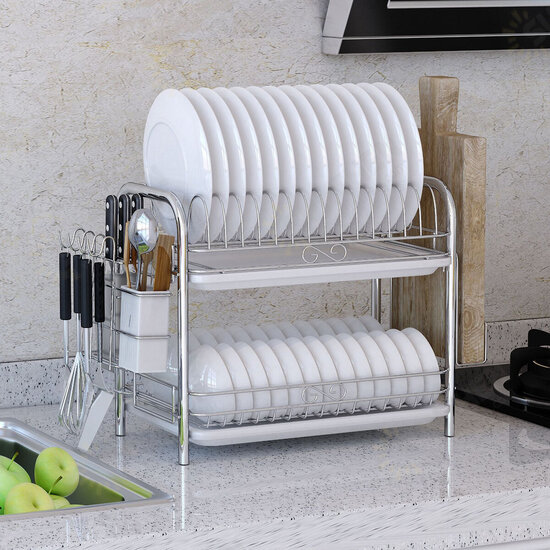 2/3 Tiers Dish Drainer Holder Metal Drying Rack Basket Bowl Dish Draining Shelf Dryer Tray Holder Kitchen Sink Organizer Home