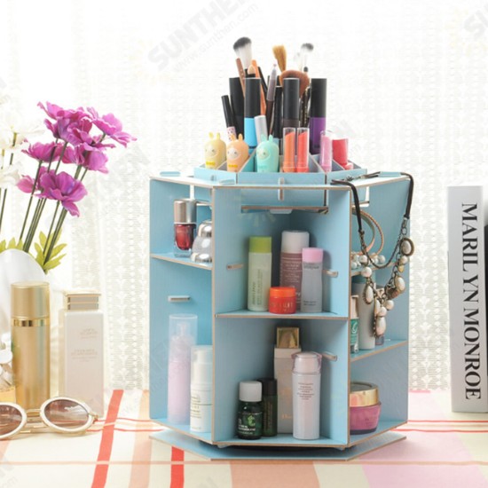 360° Rotating Cosmetic Storage Box Desktop Wood Storage Box Case DIY Cosmetics Makeup Organizer Jewelry Container