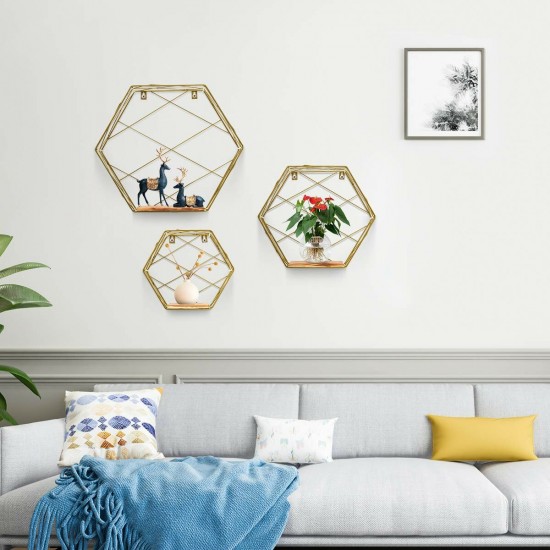 3Pcs/set Hexagonal Wall Mounted Shelves Floating Wall Storage Rack Holder Organizer Display Stand Home Office Decor