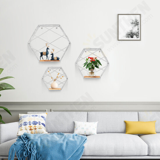 3Pcs/set Hexagonal Wall Mounted Shelves Floating Wall Storage Rack Holder Organizer Display Stand Home Office Decor