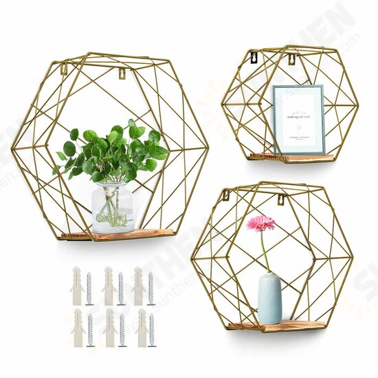 3Pcs/set Hexagonal Wall Mounted Shelves Floating Wall Storage Rack Holder Organizer Display Stand Home Office Decor