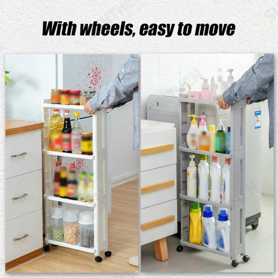 4 Layers Kitchen Storage Rack Slim Slide Tower Movable Assemble Plastic Bathroom Shelf Wheels Space Saving Organizer