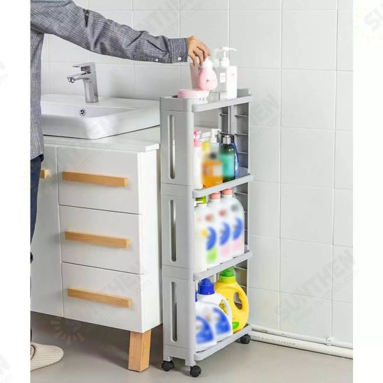 4 Layers Kitchen Storage Rack Slim Slide Tower Movable Assemble Plastic Bathroom Shelf Wheels Space Saving Organizer