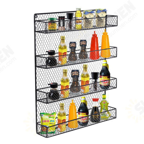 4 Layers Wall Mounted Spice Can Holder Kitchen Door Iron Storage Rack Cabinet Hanging Organizer Home Supplies