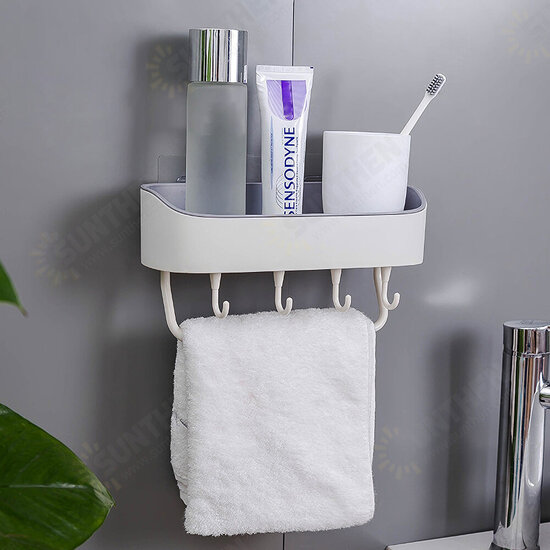 Bathroom Wall-mounted Storage Shelf Kitchen Storage Caddy Rack Organizer Tray Towel Holder No Drill with Hook