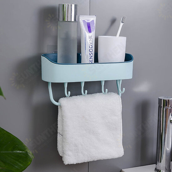 Bathroom Wall-mounted Storage Shelf Kitchen Storage Caddy Rack Organizer Tray Towel Holder No Drill with Hook