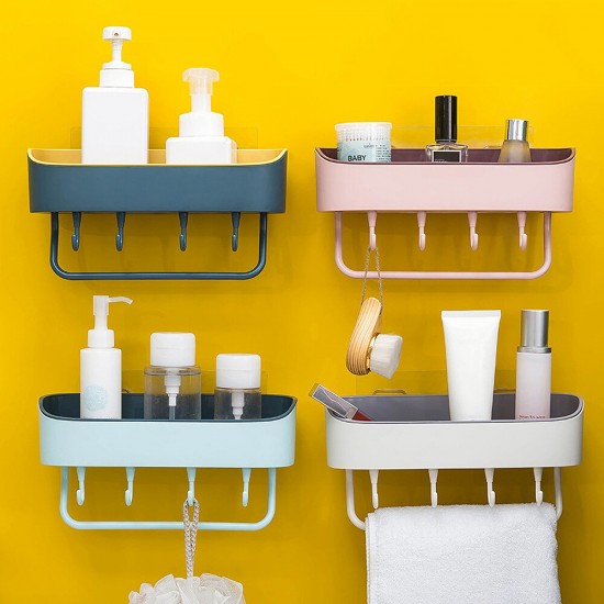 Bathroom Wall-mounted Storage Shelf Kitchen Storage Caddy Rack Organizer Tray Towel Holder No Drill with Hook