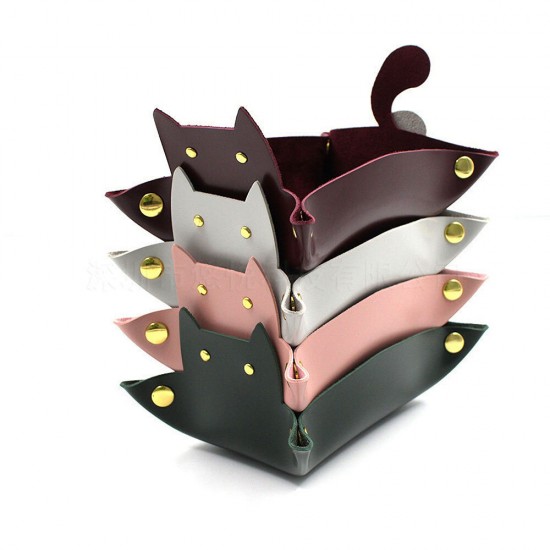 Cat Cartoon Desktop Storage Box PU Leather Creative Folding Button Tray Storage Baskets