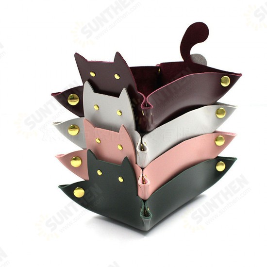 Cat Cartoon Desktop Storage Box PU Leather Creative Folding Button Tray Storage Baskets