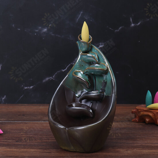 Ceramic Backflow Incense Burner Holder Handmade Black Incense Censer Home Furniture Decor with 10pcs Cones