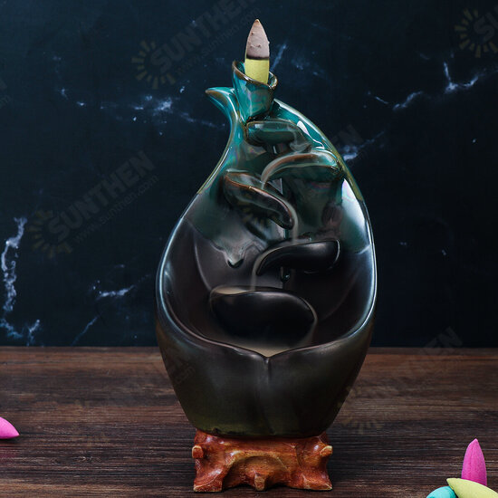 Ceramic Backflow Incense Burner Holder Handmade Black Incense Censer Home Furniture Decor with 10pcs Cones