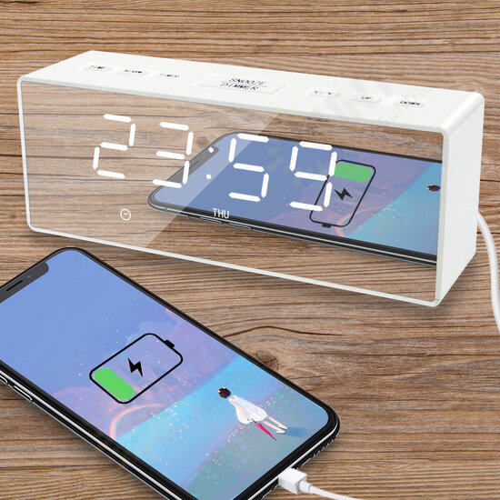 EK8609 Digital Alarm Clock Timer LED Mirror Snooze Table Clock Electronic Time Date Temperature Display Home Decorations