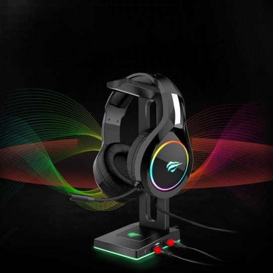 RGB Headphones Stand with 3.5mm AUX and 2 USB Ports Headphone Holder for Gamers Gaming PC Accessories Desk