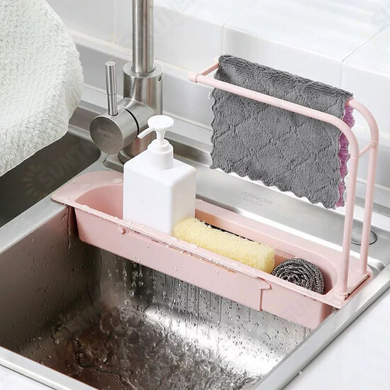 Kitchen Sink Drainer Sink Drain Rack Basket Retractable Drying Rack Shelf Dishwashing Basin Hanging Dishcloth Storage Rack